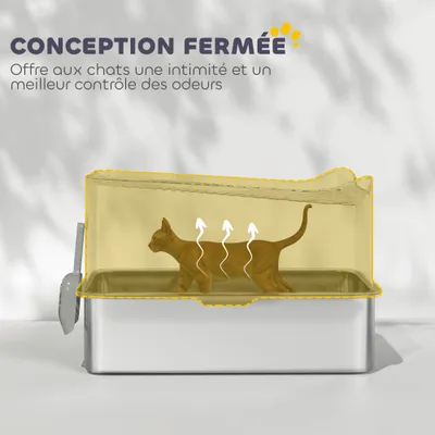 Bac à litière pour chat semi-fermé en acier inoxydable