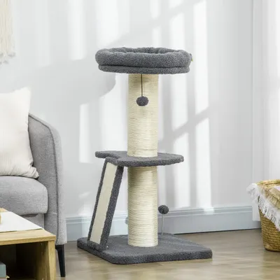 Arbre à chat avec griffoir tronc en sisal boules suspendues et plate