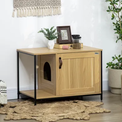 Maison de toilette pour chat style industriel porte entrée latérale