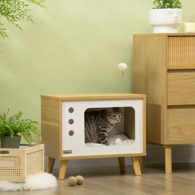 Maison niche pour chat forme de tv avec coussin douillet