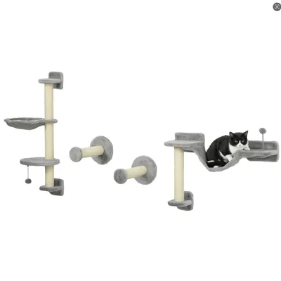 Arbre à chat mural gris en quatre parties Arbre à chat mural gris en quatre parties