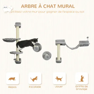 Arbre à chat mural gris en quatre parties