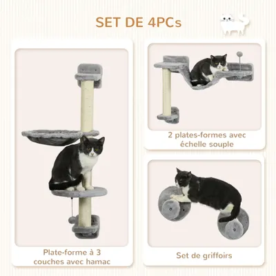 Arbre à chat mural gris en quatre parties
