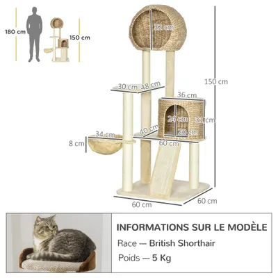 Équipé de griffoirs en sisal naturel et d'arbres à chat Équipé de griffoirs en sisal naturel et d'arbres à chat