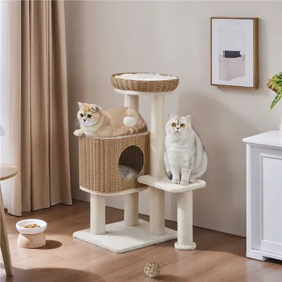 Kratzbaum 91 cm H Rattan-Optik Liegeplatz & Katzenhaus & Plüschball & Decke