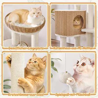 Kratzbaum 91 cm H Rattan-Optik Liegeplatz & Katzenhaus & Plüschball & Decke