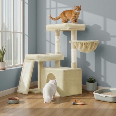 FEANDREA Arbre à Chat avec Planche à Griffer, 2 Couchages, 85,8 cm de Haut