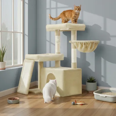 FEANDREA Arbre à Chat avec Planche à Griffer, 2 Couchages, 85,8 cm de Haut FEANDREA Arbre à Chat avec Planche à Griffer, 2 Couchages, 85,8 cm de Haut