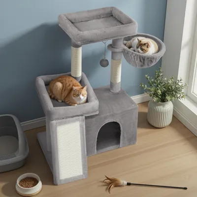 FEANDREA Arbre à Chat avec Planche à Griffer, 2 Couchages, 85,8 cm de Haut