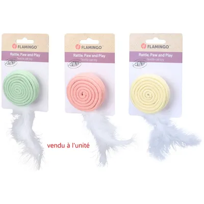 Jouet pour chat Poppy Disque plume , vert ou rose ou jaune, 15 cm.