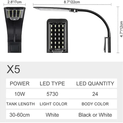 PetTribes Rampe LED 10W Blanc/Bleu pour Aquarium 30-60cm
