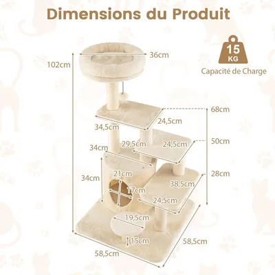 Gintaex Arbre à Chat avec Condo et 4 Plateformes XXL à 7 Niveaux Rembourré