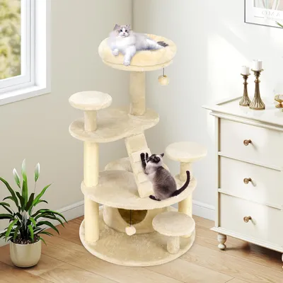 Giantex Arbre à Chat 4 Niveaux,Surface en Peluche,Escalier,Balle Suspendue