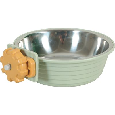 Mangeoire en plastique vert et inox pour lapin et cochon d'Inde.