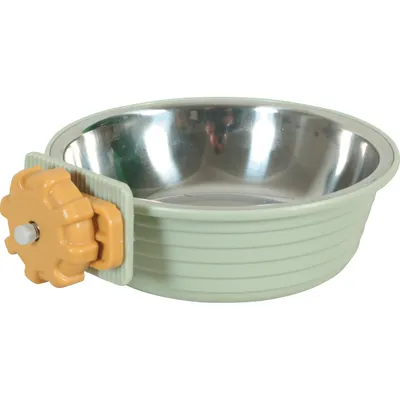 Mangeoire en plastique vert et inox pour lapin et cochon d'Inde.