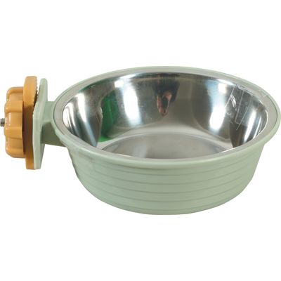 Mangeoire en plastique vert et inox pour lapin et cochon d'Inde.