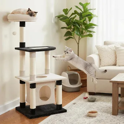 Giantex Arbre a Chat à 4 Niveaux Stable en Peluche, Tour de Jeux pour Chat