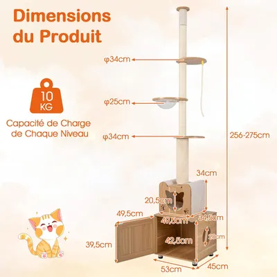 Giantex Arbre a Chat du Sol au Plafond avec Cache Litiere,Corde Suspendu