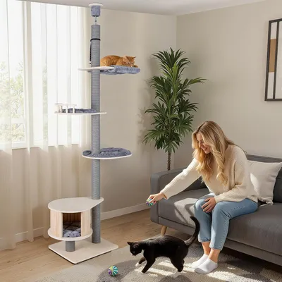 Giantex Arbre a Chat du Sol au Plafond à 5 Niveaux en Bois,avec Griffoir