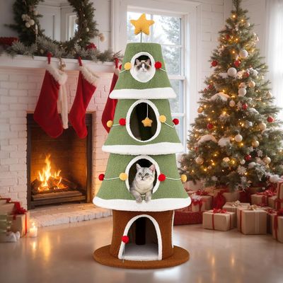Giantex Kratzbaum „Weihnachtsbaum“ Mit Gemütlichen Häuschen Auf 4 Ebenen