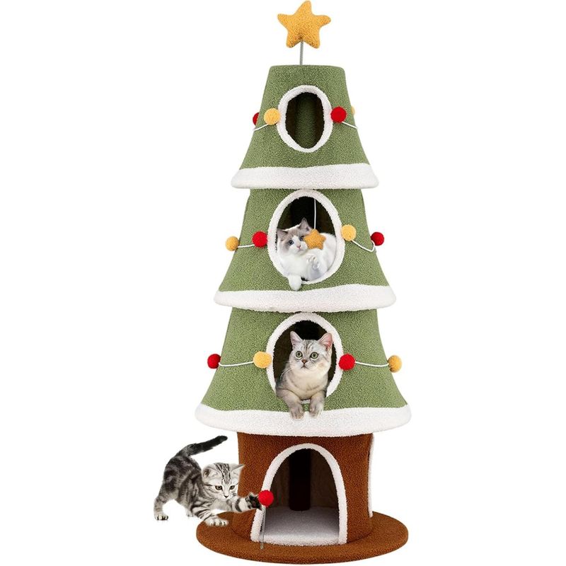 Giantex Kratzbaum „Weihnachtsbaum“ Mit Gemütlichen Häuschen Auf 4 Ebenen