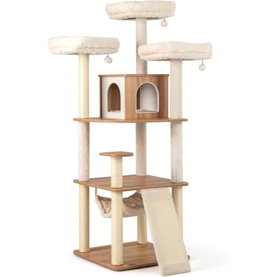 Giantex Arbre à Chat avec 3 Perchoirs Rembourrés en Bois avec Hamac