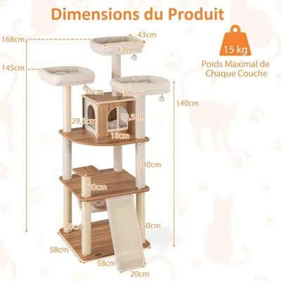 Giantex Arbre à Chat avec 3 Perchoirs Rembourrés en Bois avec Hamac