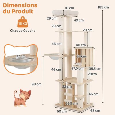 Giantex Arbre a Chat XXL 185 CM Hauteur avec Perchoir Rembourré
