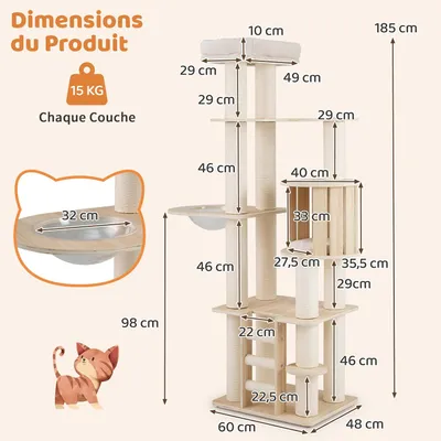 Giantex Arbre a Chat XXL 185 CM Hauteur avec Perchoir Rembourré