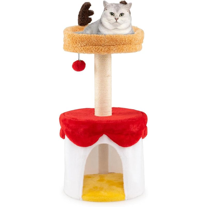 Giantex Weihnachts-Kratzbaum Mit 3 Ebenen, Oberer Sitzplatz, Großes Haus