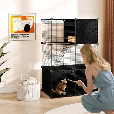 Giantex Cage pour Chat en Fil Métallique 
Modulable avec 3 Portes,2 Échells