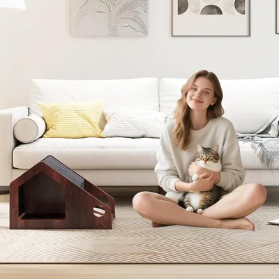 Giantex Niche Chat,2 Gamelles Chats Céramique,Entrée Grand,Toit Amovible