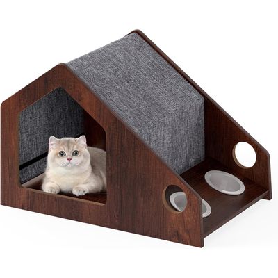 Giantex Niche Chat,2 Gamelles Chats Céramique,Entrée Grand,Toit Amovible