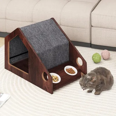 Giantex Niche Chat,2 Gamelles Chats Céramique,Entrée Grand,Toit Amovible