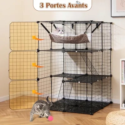 Giantex Cage pour chat d'intérieur, en métal, avec 3 portes et 2 échelles