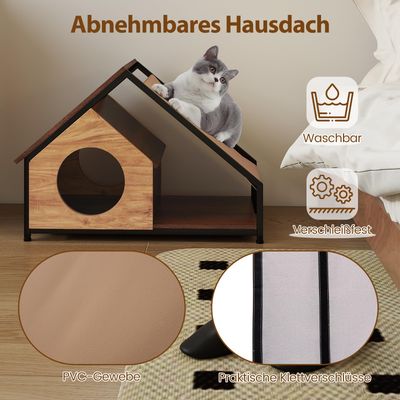 Giantex Holz-Katzenhäuschen, 2 Eingänge, Veranda, Abnehmbares Dach