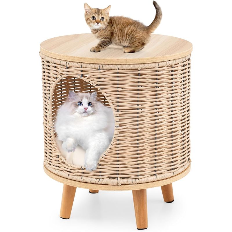 Giantex Chenil et Maison Niche Chat，Bac à Litière avec Cadre en Rotin