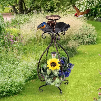 Giantex Mangeoire Oiseaux 79CM sur Pied avec Jardinière,Lumière LED Solaire