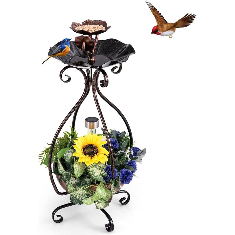 Giantex Mangeoire Oiseaux 79CM sur Pied avec Jardinière,Lumière LED Solaire