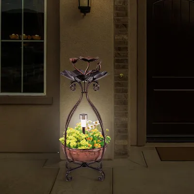 Giantex Mangeoire Oiseaux 79CM sur Pied avec Jardinière,Lumière LED Solaire