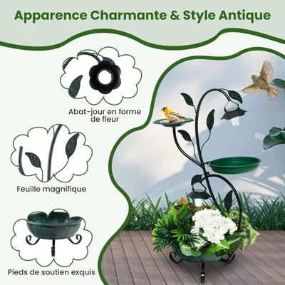 Giantex Bain d'oiseaux 83cm,avec Jardinière,2 Lumières LED Energie Solaire