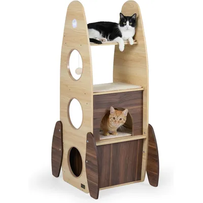 GIANTEX Arbre a Chat Design en Forme de Fusée,en Bois Massif à 4 Niveaux