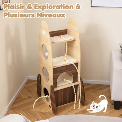GIANTEX Arbre a Chat Design en Forme de Fusée,en Bois Massif à 4 Niveaux