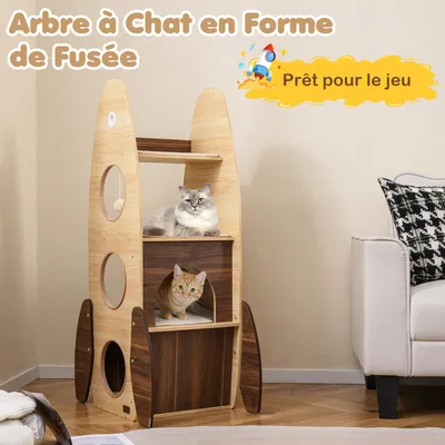 GIANTEX Arbre a Chat Design en Forme de Fusée,en Bois Massif à 4 Niveaux