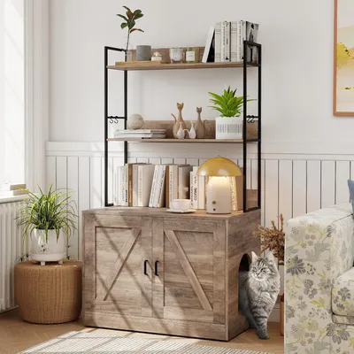 Giantex 2-In-1 Katzentoilettenschrank Mit Ablagen Und Seitlichem Eingang