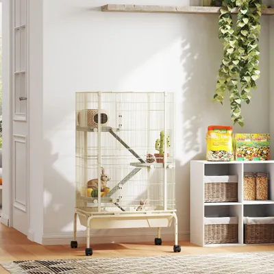 PawHut - Cage pour Hamster et Furet 4 Niv 2 Portes Roulettes H.120cm-beige