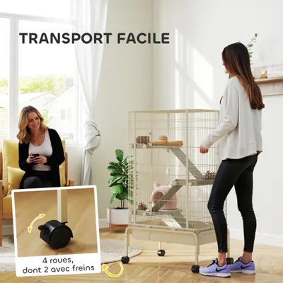 PawHut - Cage pour Hamster et Furet 4 Niv 2 Portes Roulettes H.120cm-beige