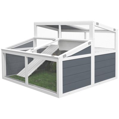 PawHut - Enclos 2 espaces toit polycarbonate 3 portes rampe bois-gris blanc