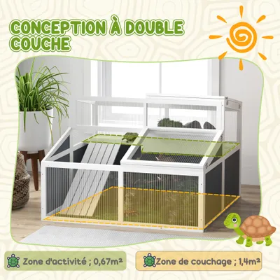 PawHut - Enclos 2 espaces toit polycarbonate 3 portes rampe bois-gris blanc PawHut - Enclos 2 espaces toit polycarbonate 3 portes rampe bois-gris blanc