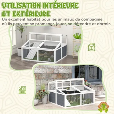 PawHut - Enclos 2 espaces toit polycarbonate 3 portes rampe bois-gris blanc PawHut - Enclos 2 espaces toit polycarbonate 3 portes rampe bois-gris blanc